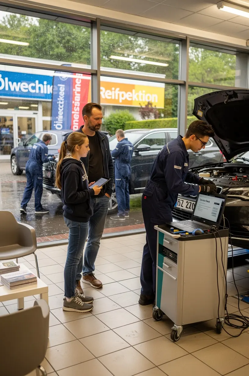 Fachmann überprüft routinemäßig die Bremsen und Reifen eines Autos während der Inspektion.